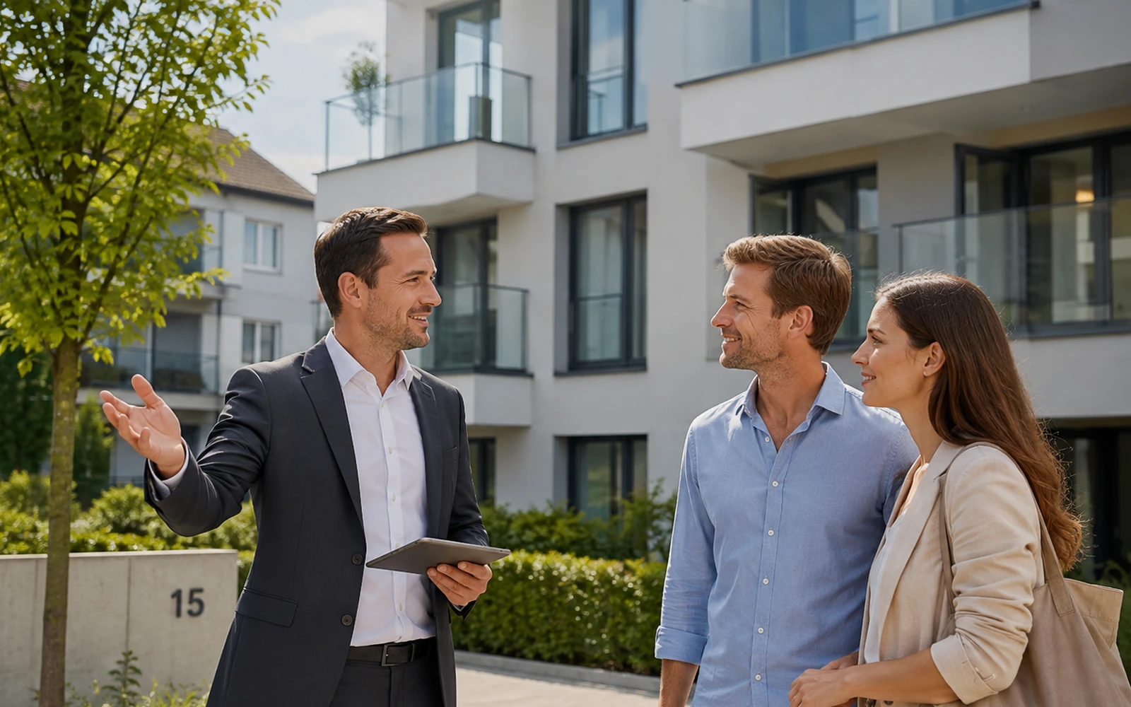 Symbolische Immobilienbesichtigung mit natürlichen Gesprächspartnern.